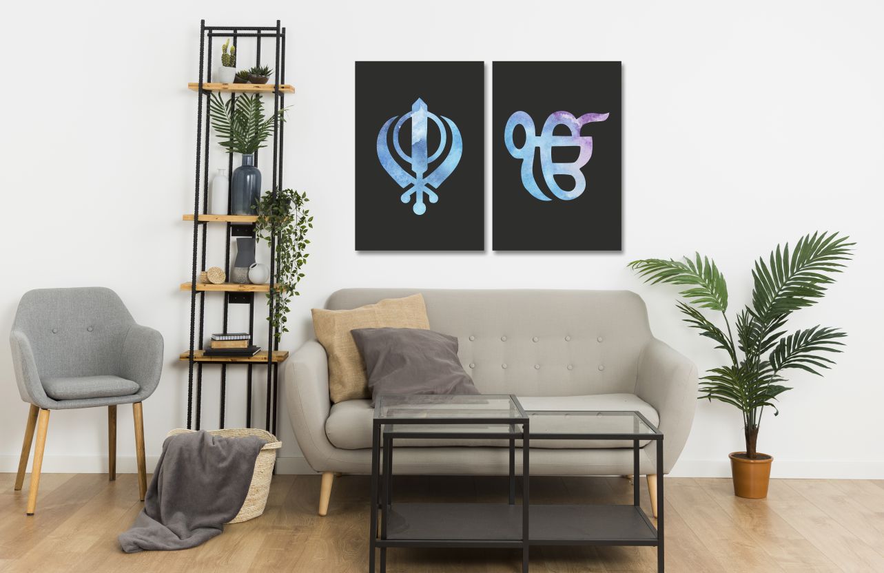Black Blue & Pink Watercolour Sikh Khanda Ek Onkar Canvas Print Wall Art