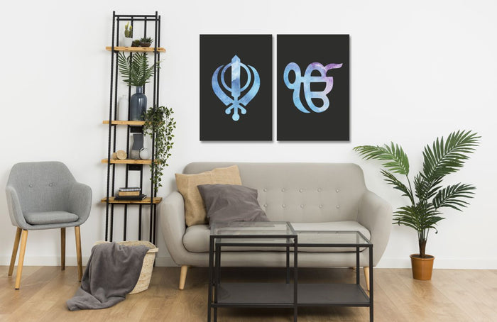 Black Blue & Pink Watercolour Sikh Khanda Ek Onkar Canvas Print Wall Art