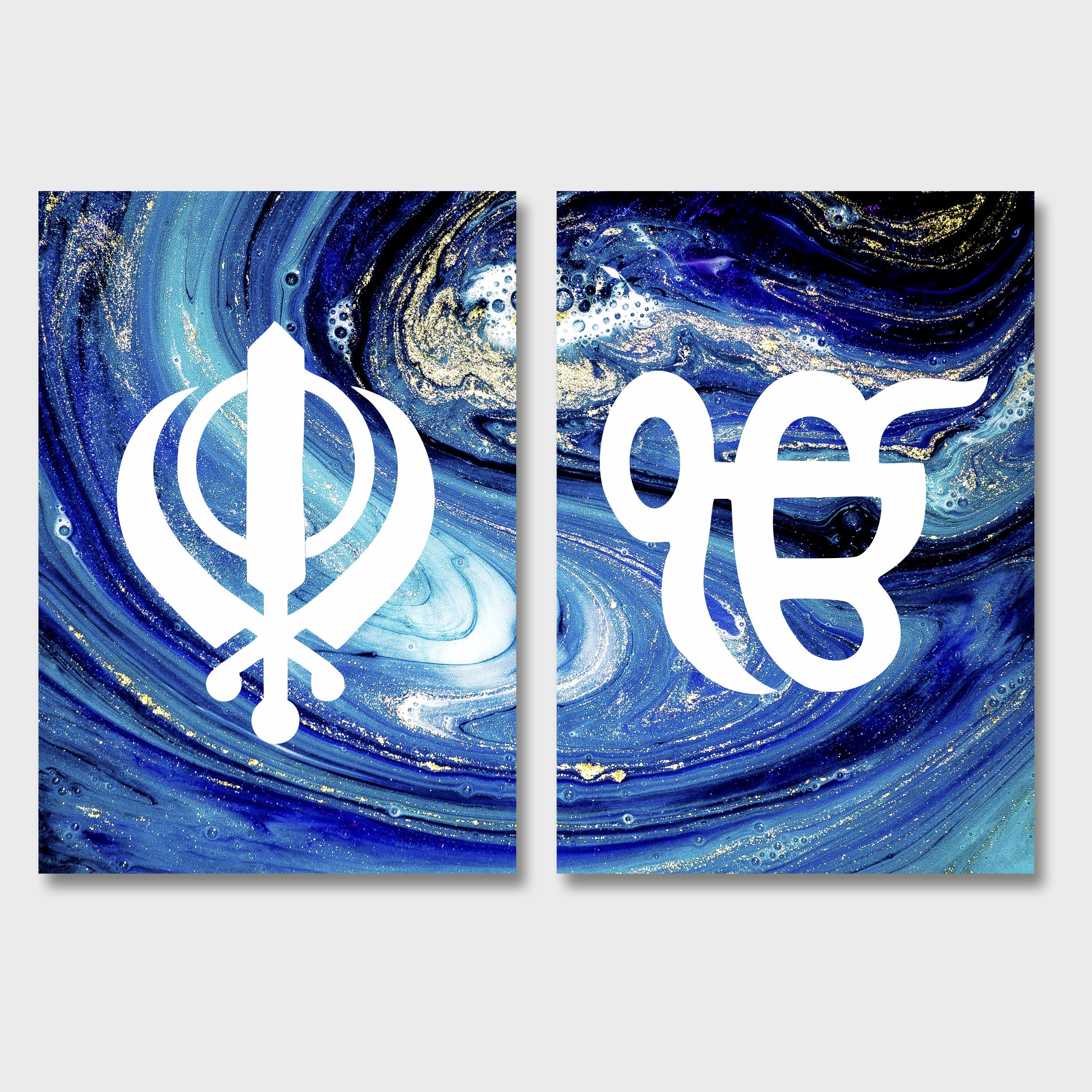 Abstract Blue Marble Watercolour Sikh Khanda Ek Onkar Canvas Print Wall Art