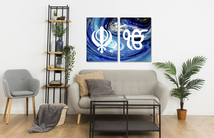Abstract Blue Marble Watercolour Sikh Khanda Ek Onkar Canvas Print Wall Art