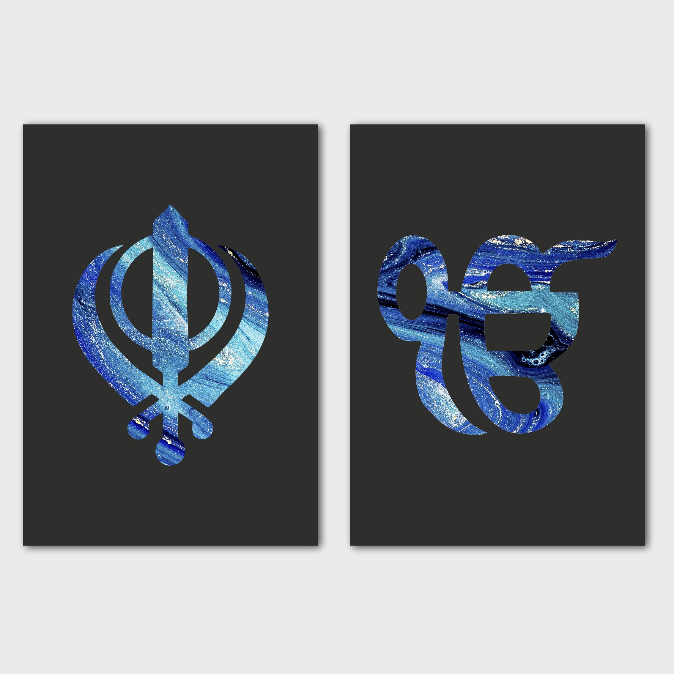 Black Abstract Blue Marble Watercolour Sikh Khanda Ek Onkar Canvas Print Wall Art