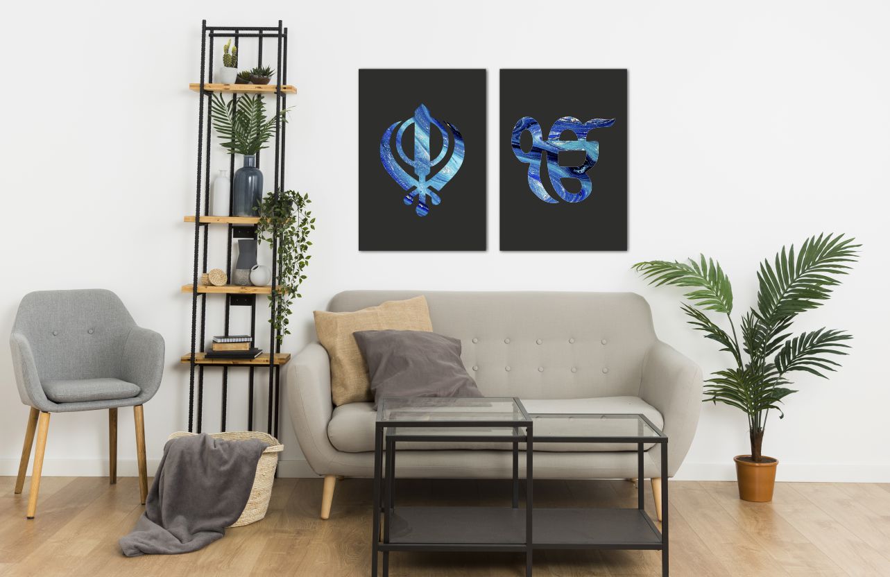 Black Abstract Blue Marble Watercolour Sikh Khanda Ek Onkar Canvas Print Wall Art