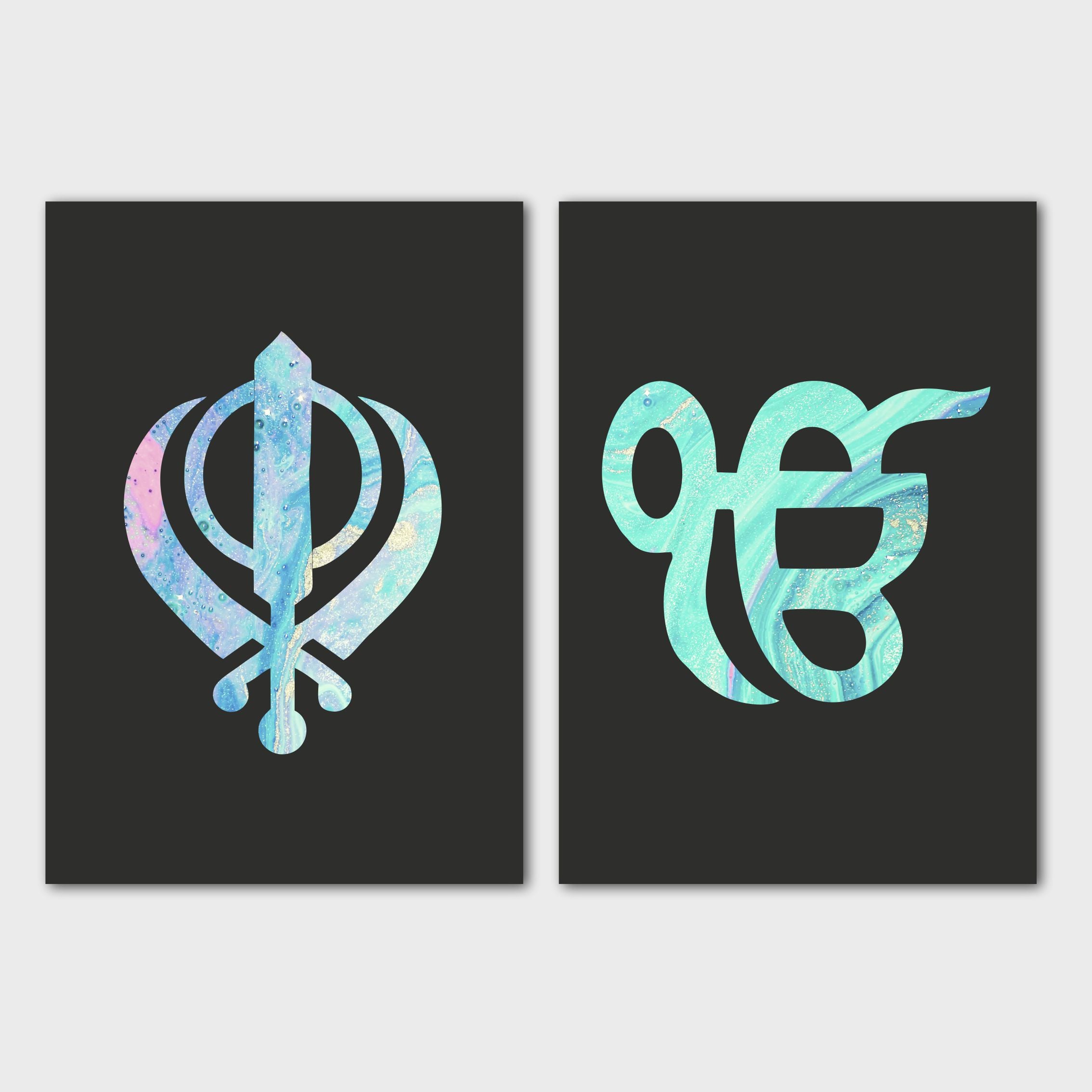 Black Turquoise Blue Sikh Khanda Ek Onkar Canvas Print Wall Art