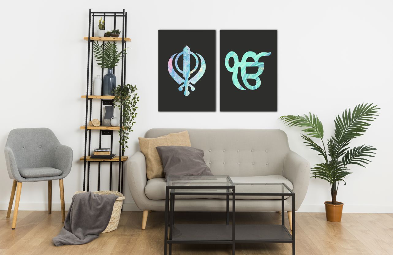 Black Turquoise Blue Sikh Khanda Ek Onkar Canvas Print Wall Art