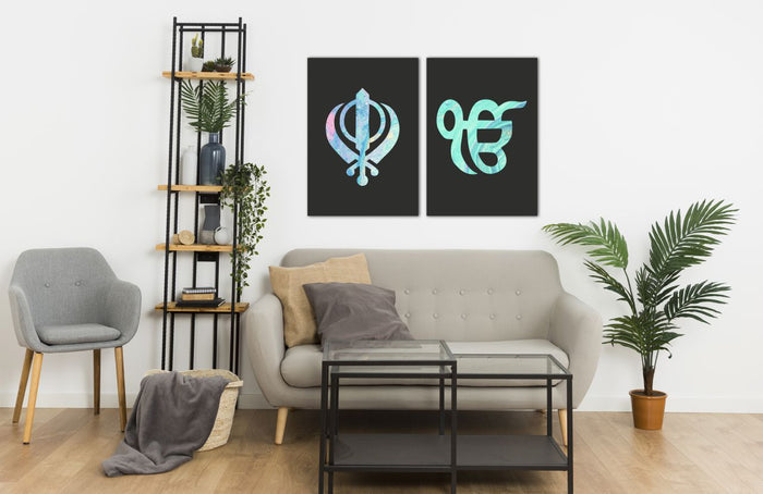 Black Turquoise Blue Sikh Khanda Ek Onkar Canvas Print Wall Art