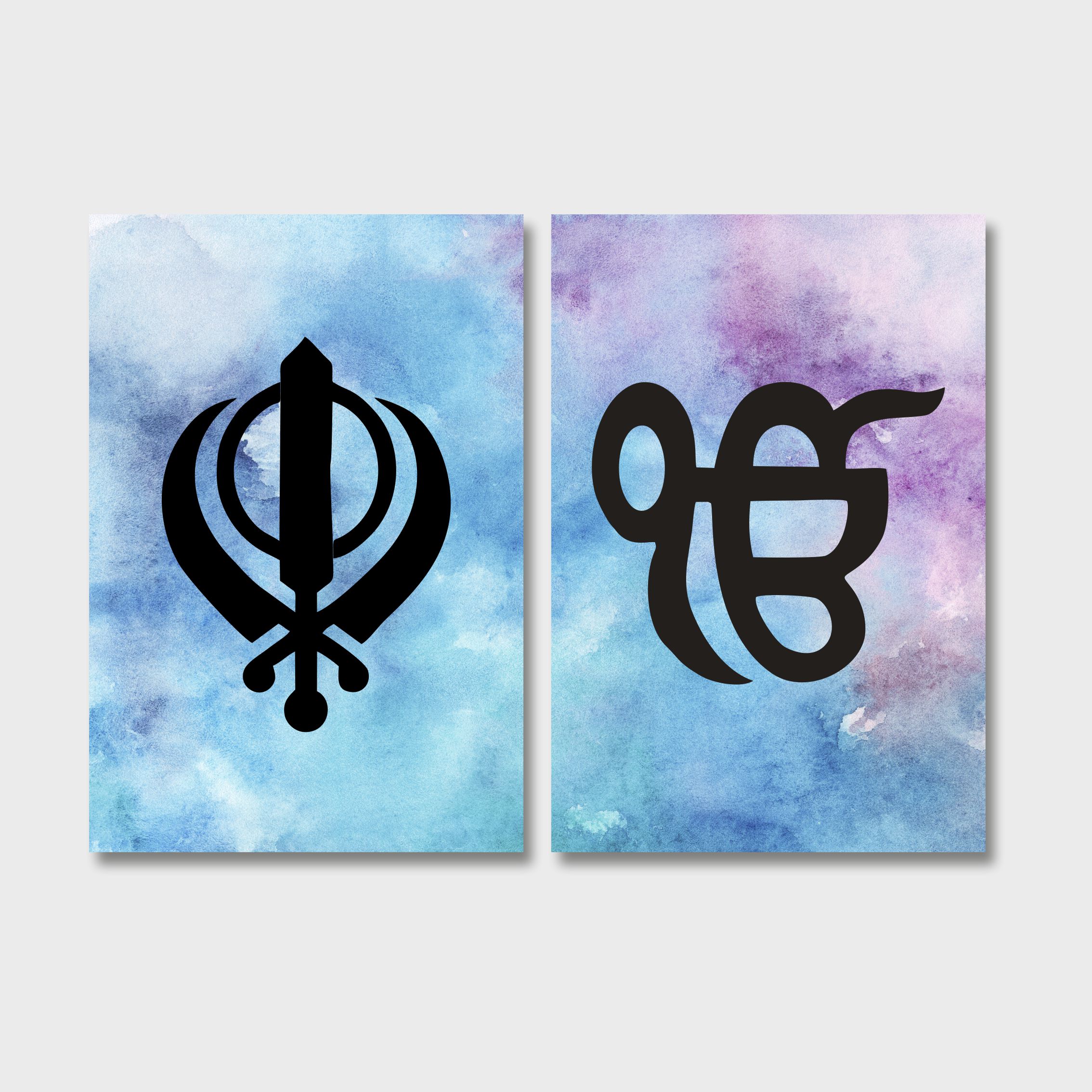 Blue & Pink Watercolour Sikh Khanda Ek Onkar Canvas Print Wall Art