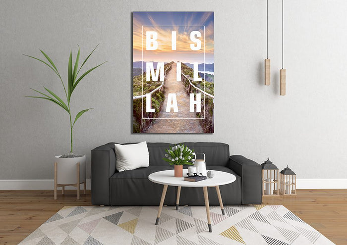English Bismillah Sunset Path Islamic Calligraphy Canvas Print Wall Art