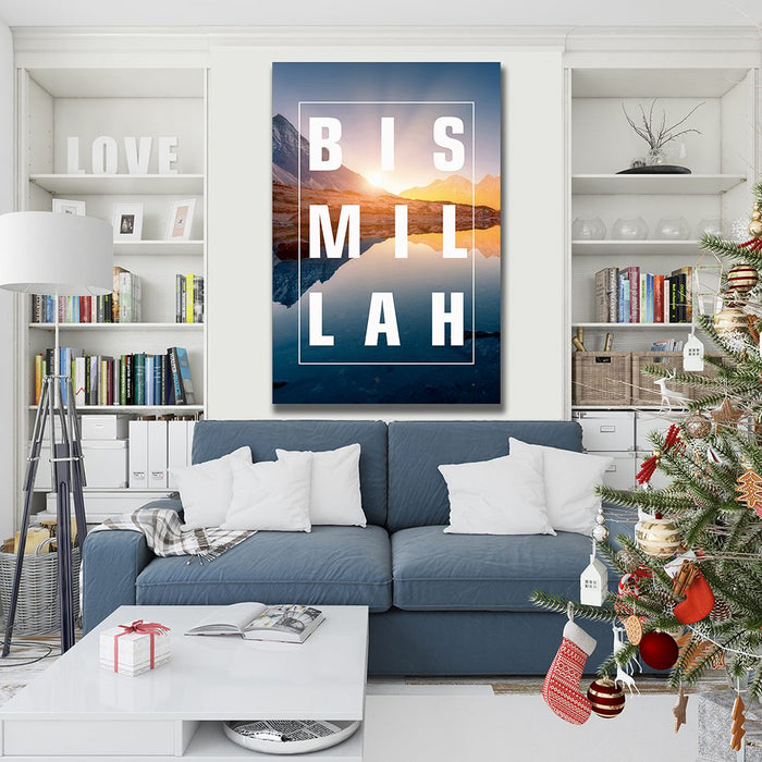 English Bismillah Sunset Hill Islamic Canvas Print Islamic Calligraphy Wall Art Mountain