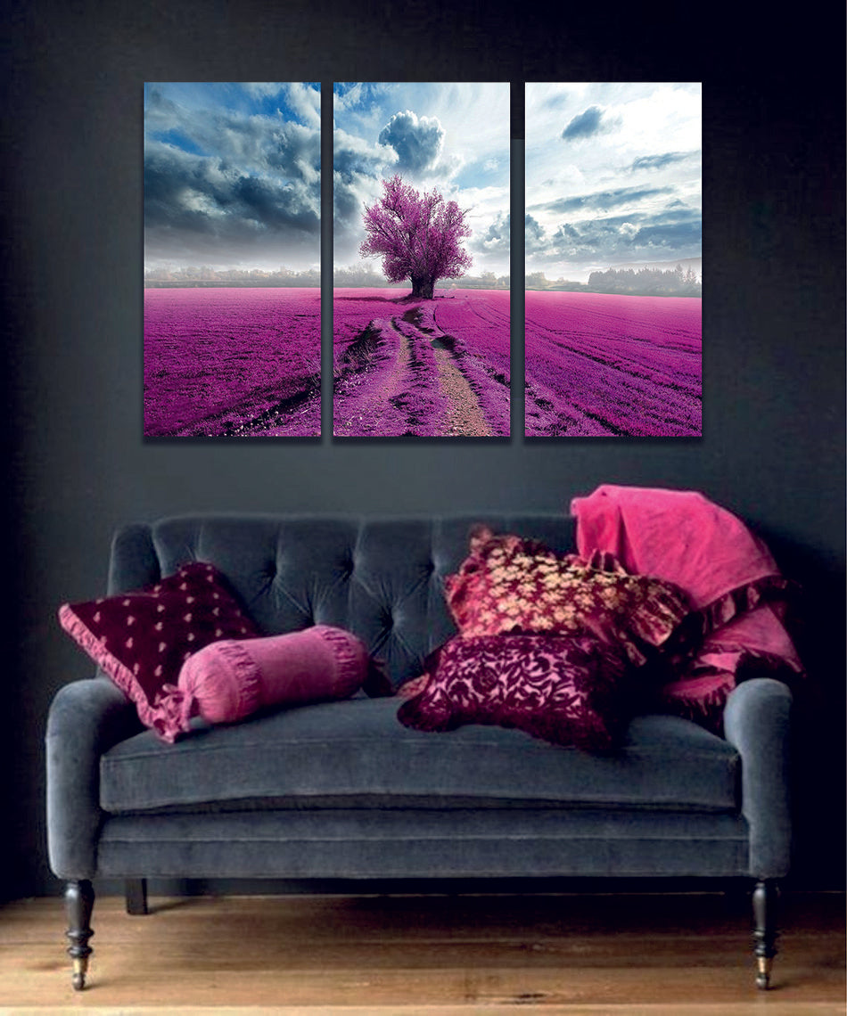 Purple Flower Field with a Lone Tree Canvas Print Wall Art