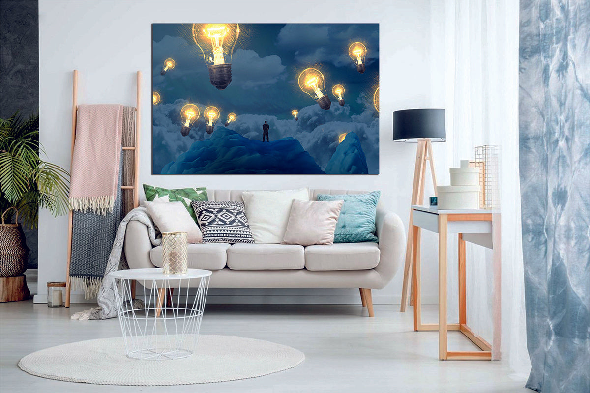 Feeling Inspired Lightbulbs Clouds Canvas Wall Art