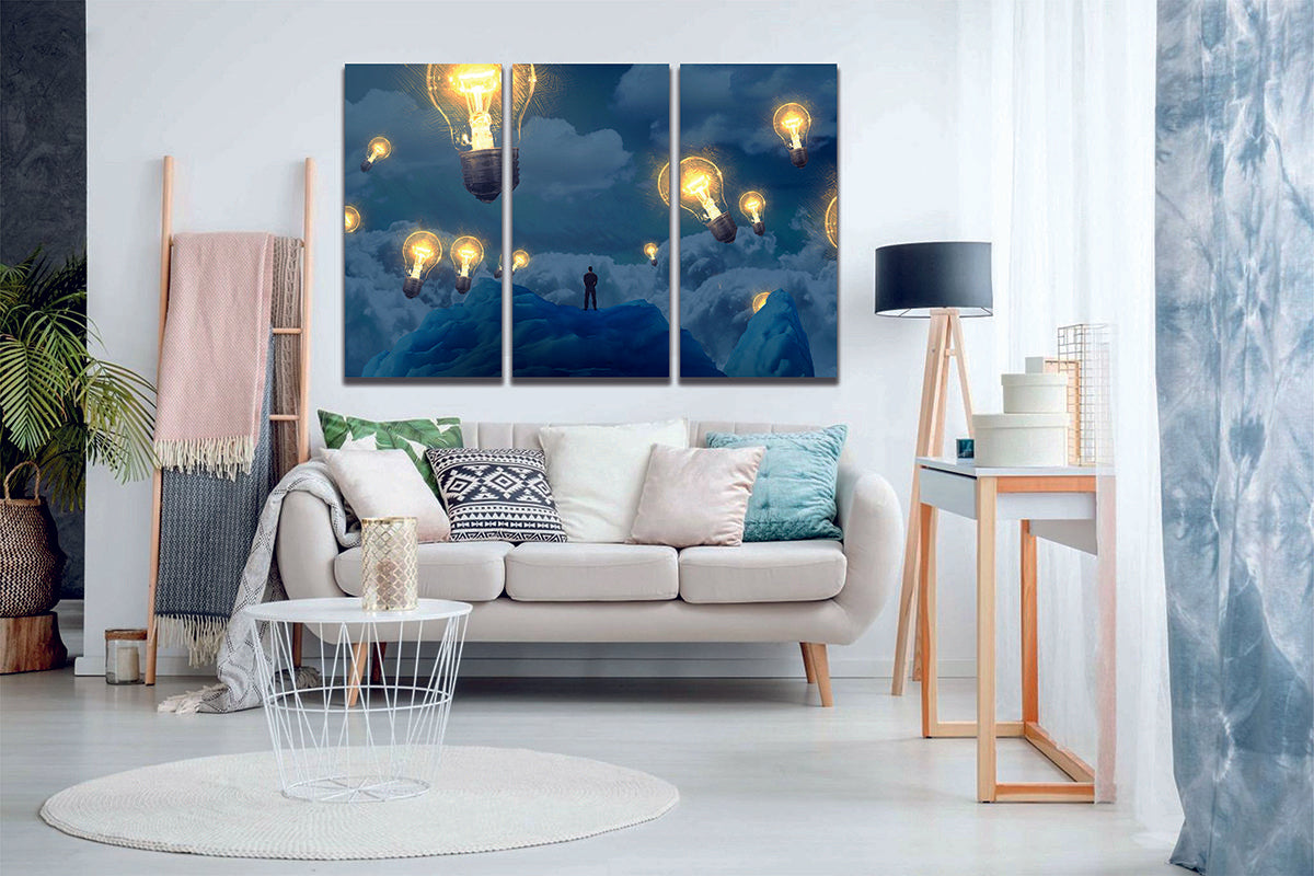 Feeling Inspired Lightbulbs Clouds Canvas Wall Art