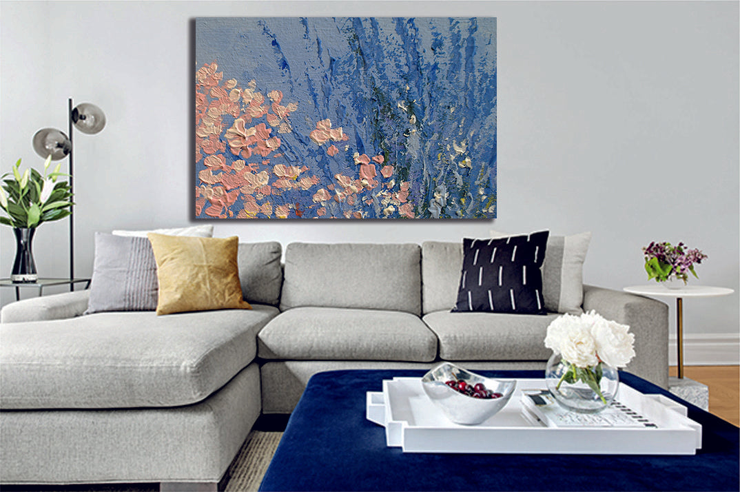 Blue Pink Flowers Abstract Painting Canvas Print Wall Art