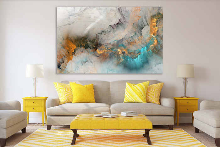 Grey turquoise and coral liquid marble canvas displayed in a modern living room