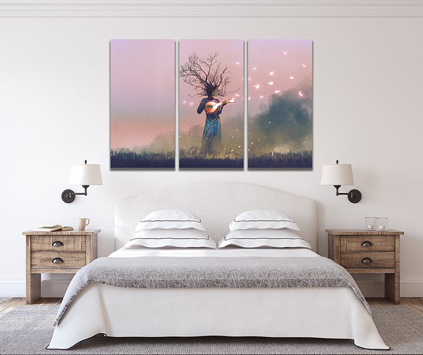 Dreamy Ukulele Banjo Tree Guitar Man Night Dark Pink Canvas Wall Art