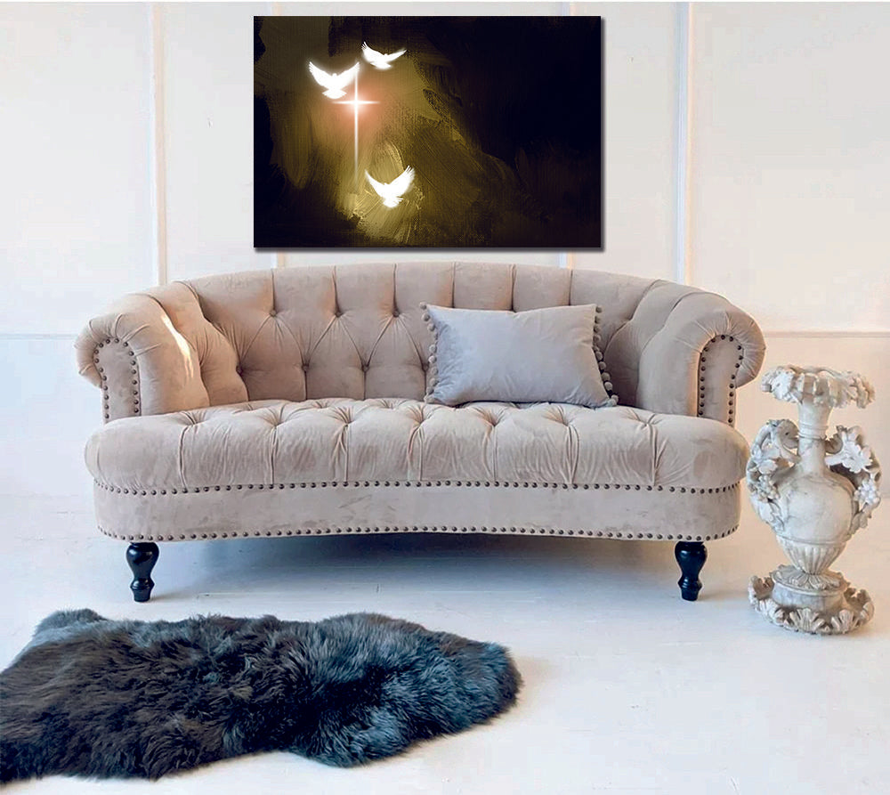 Conceptual graphic illustration of glowing Christian cross white doves, symbolizing Jesus Christ’s sacrificial work of salvation Canvas