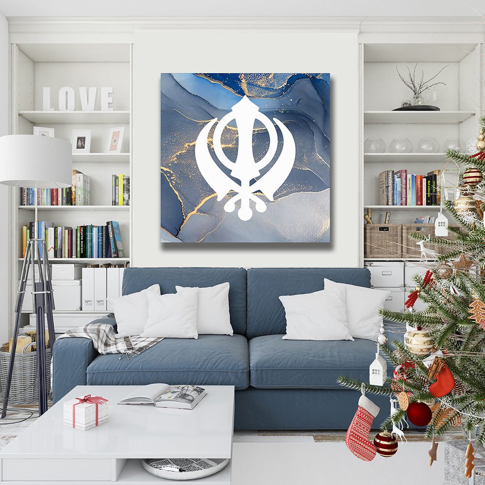 Grey Blue Marble Khanda Sikh Canvas Print Wall Art