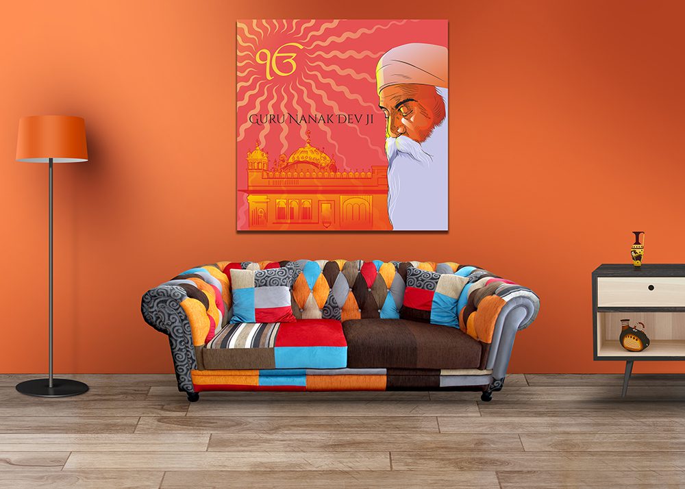 Guru Nanak Dev Ji Sun Rays and Temple Canvas Print Wall Art
