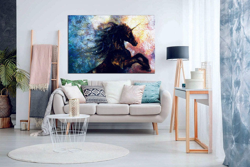 Abstract Unicorn Painting Black Yellow Blue Canvas Wall Art Home Decor