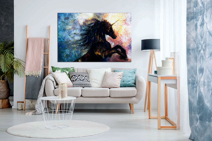 Abstract Unicorn Painting Black Yellow Blue Canvas Wall Art Home Decor