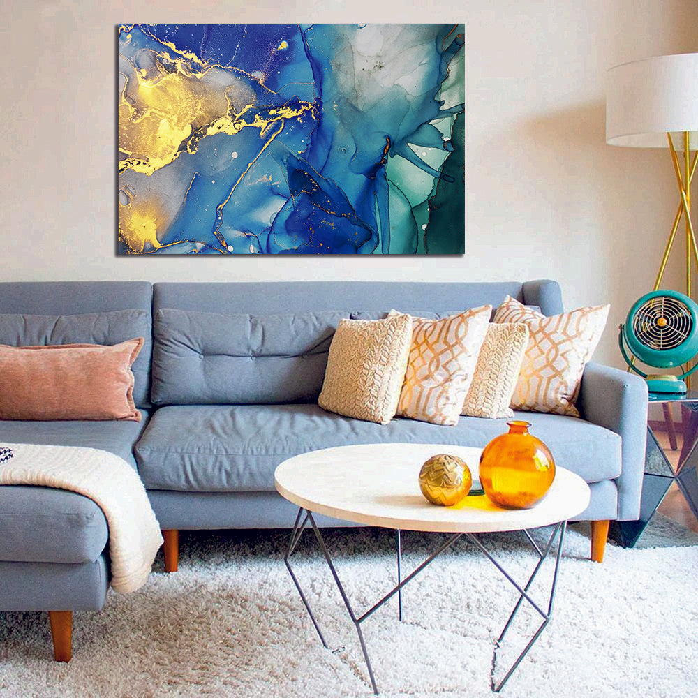 Ink Abstract Blue Green Gold Liquid Marble Canvas Print Wall Art