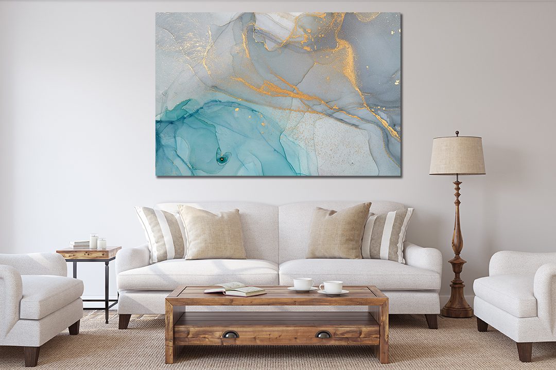 Ink Abstract Blue Grey Gold Liquid Marble Canvas Print Wall Art