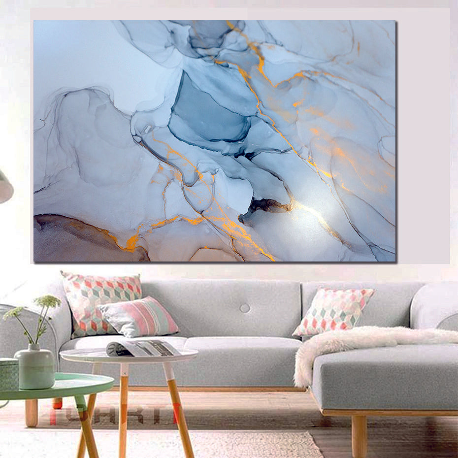 Ink Abstract Blue Purple White Gold Liquid Marble Canvas Print Wall Art