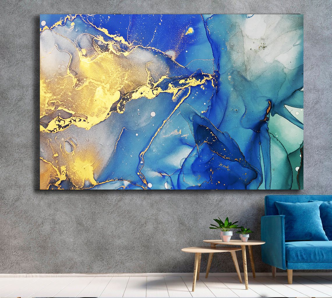 Ink Abstract Blue Teal Gold Liquid Marble Canvas Print Wall Art