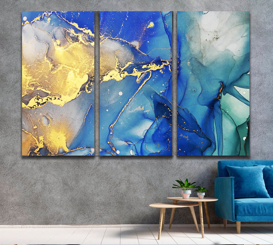 Ink Abstract Blue Teal Gold Liquid Marble Canvas Print Wall Art