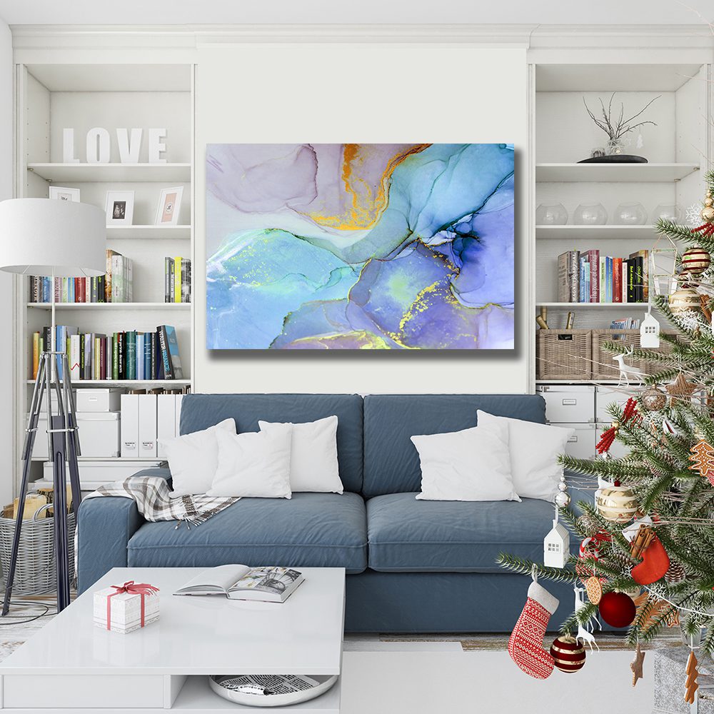 Ink Abstract Blue Teal Purple Gold Liquid Marble Canvas Print Wall Art