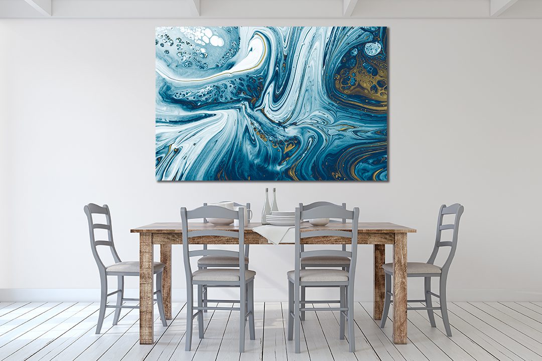 Ink Abstract Blue White Gold Liquid Marble Canvas Print Wall Art