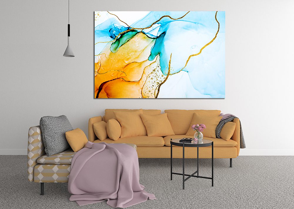 Ink Abstract Blue Yellow Gold Liquid Marble Canvas Print Wall Art