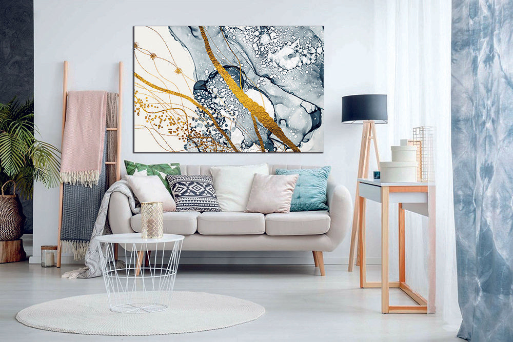 Ink Abstract Blue Gold Liquid Marble Canvas Print Wall Art