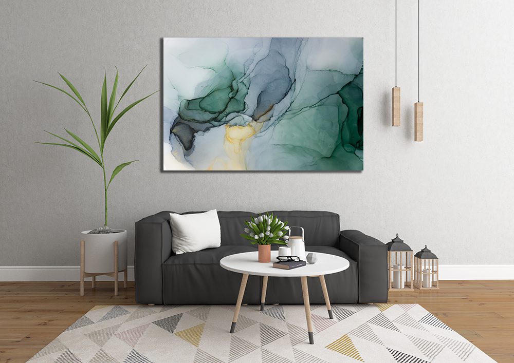 Ink Abstract Green Teal Gold Liquid Marble Canvas Print Wall Art