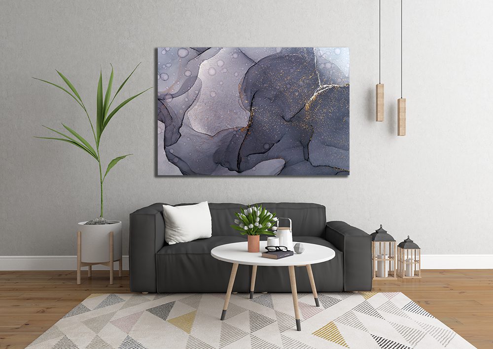 Ink Abstract Grey Gold Liquid Marble Canvas Print Wall Art