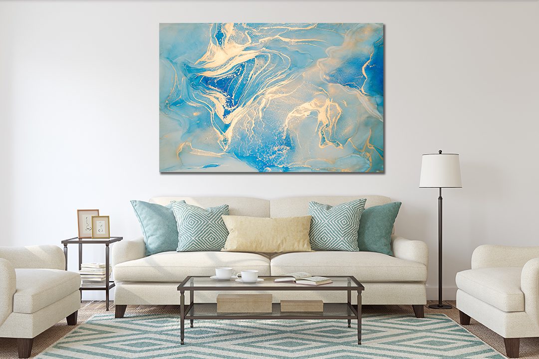 Ink Abstract Light Blue White Gold Liquid Marble Canvas Print Wall Art