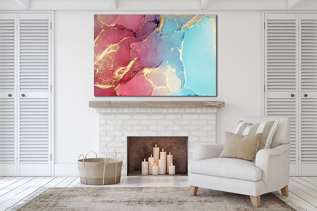 Ink Abstract Maroon Cyan Gold Liquid Marble Canvas Print Wall Art
