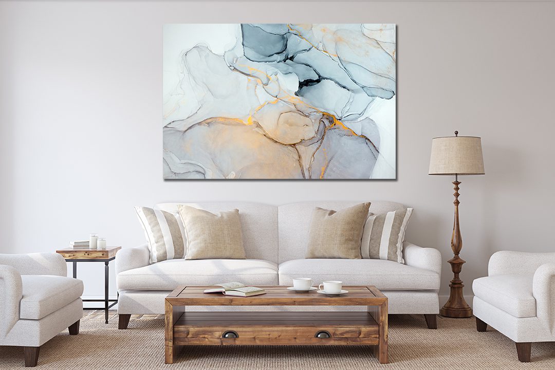 Ink Abstract Navy White Gold Liquid Marble Canvas Print Wall Art