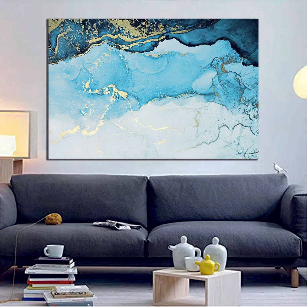 Ink Abstract Navy White Gold Liquid Marble Canvas Print Wall Art