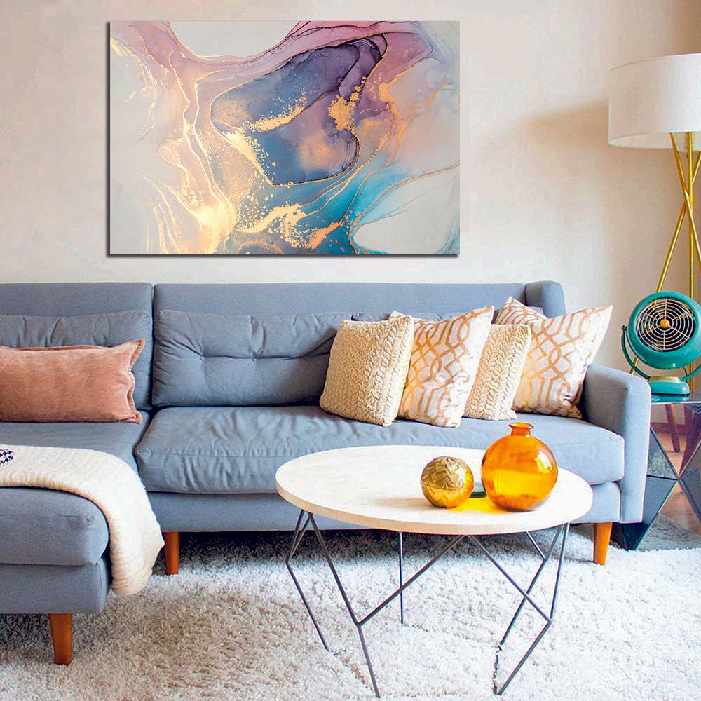 Ink Abstract Liquid Marble Purple Blue Gold Canvas Print Wall Art