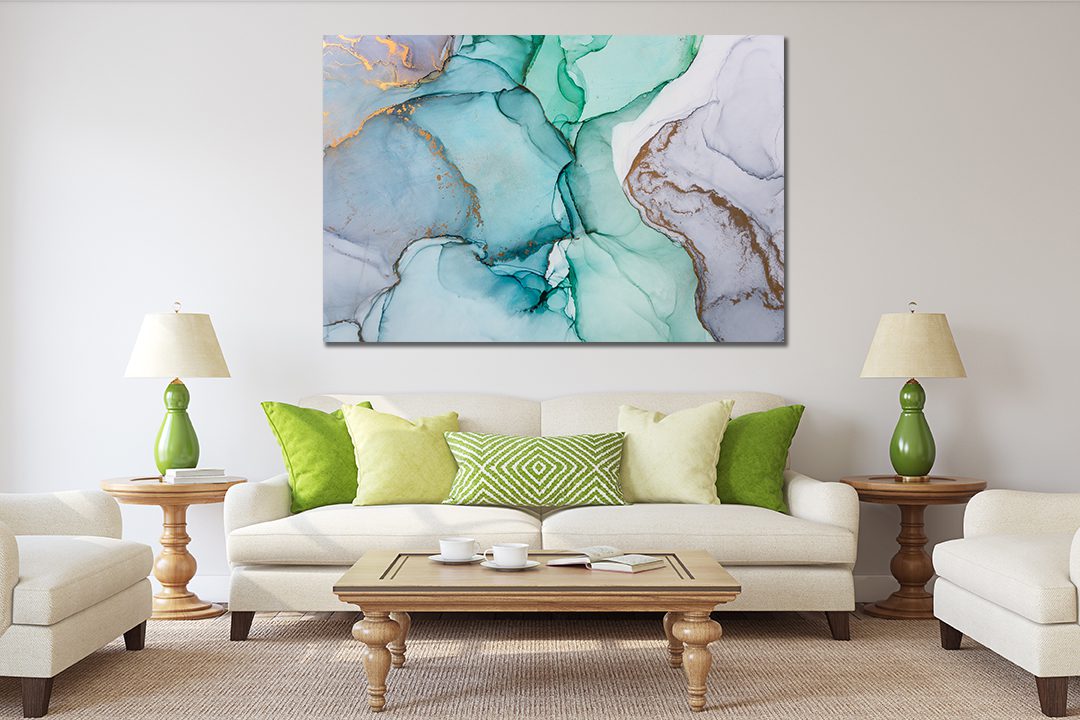 Ink Abstract Purple Blue Green Gold Liquid Marble Canvas Print Wall Art