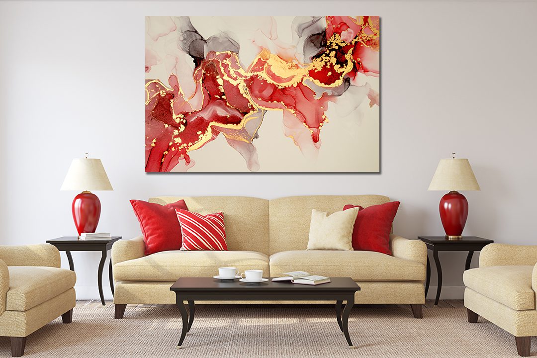 Ink Abstract Red Black Gold Liquid Marble Canvas Print Wall Art