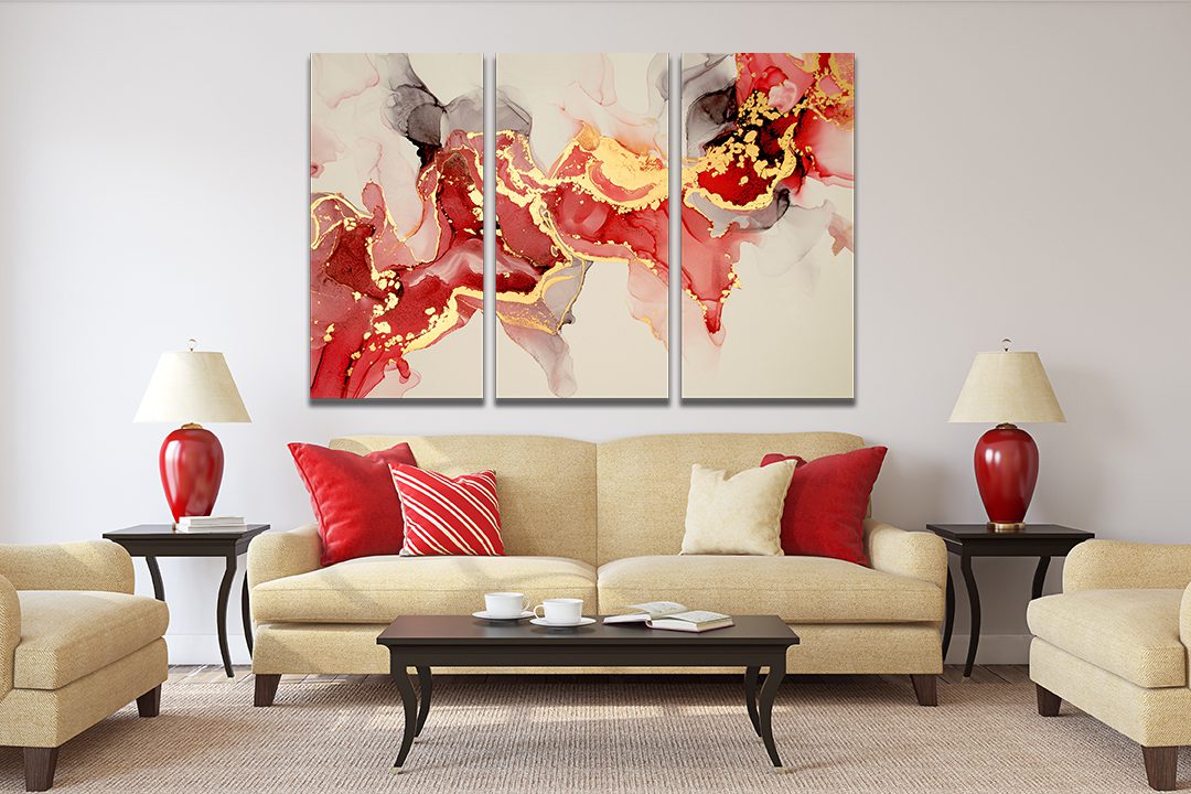 Ink Abstract Red Black Gold Liquid Marble Canvas Print Wall Art