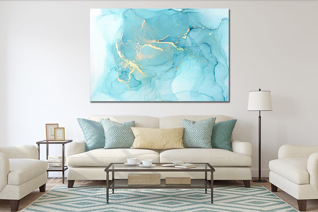 Ink Abstract Sky Blue Gold Liquid Marble Canvas Print Wall Art