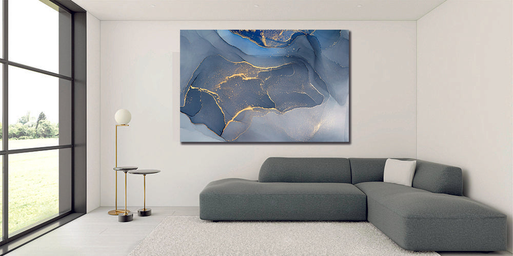 Ink Abstract Liquid Marble White Navy Gold Canvas Print Wall Art