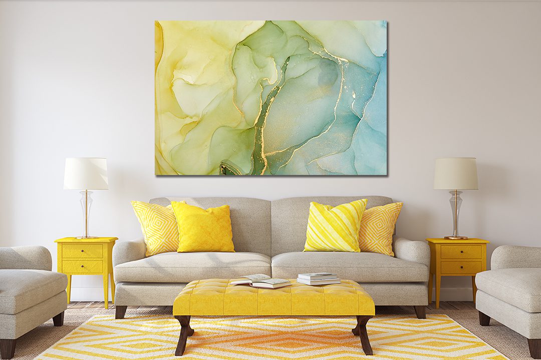 Ink Abstract Yellow Teal Gold Canvas Print Wall Art