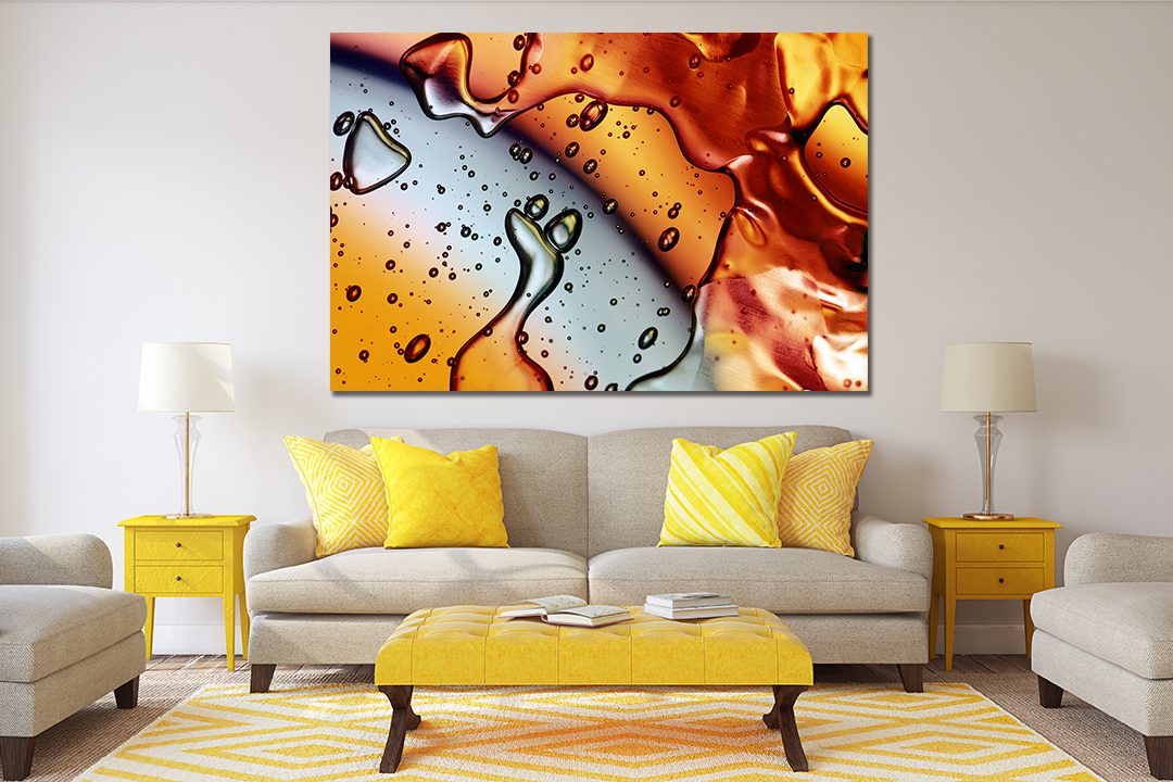 Ink Abstract Water Drops Orange Yellow Grey Liquid Marble Canvas Print Wall Art