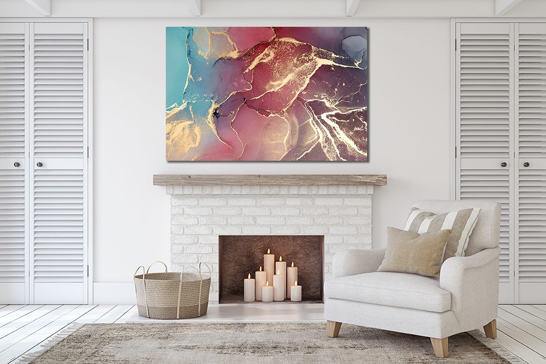 Ink Abstract Pink Blue Gold Liquid Marble Canvas Print Wall Art
