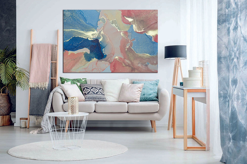 Ink Abstract Yellow Peach Blue Canvas Print Wall Art