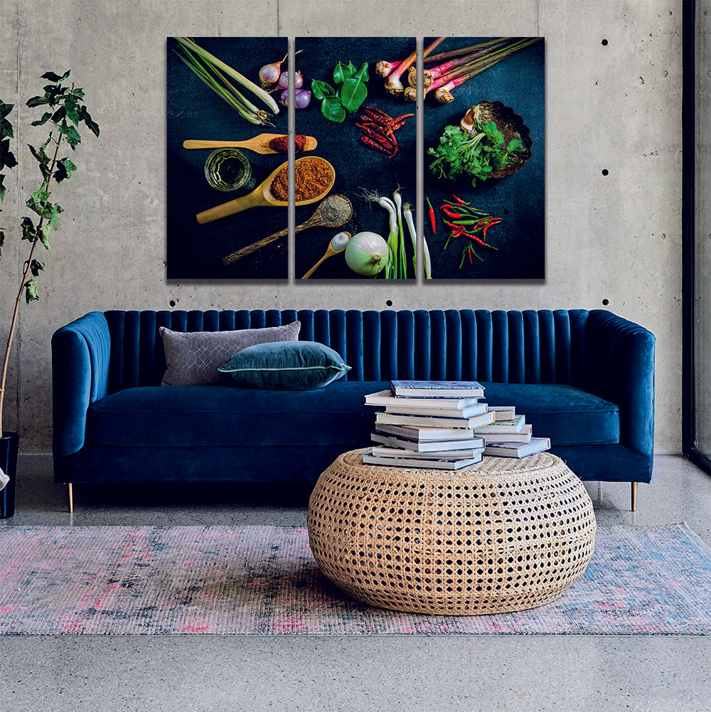 Colorful spices in wooden spoons and bowls with fresh seasoning on dark rustic wooden background Printed Canvas