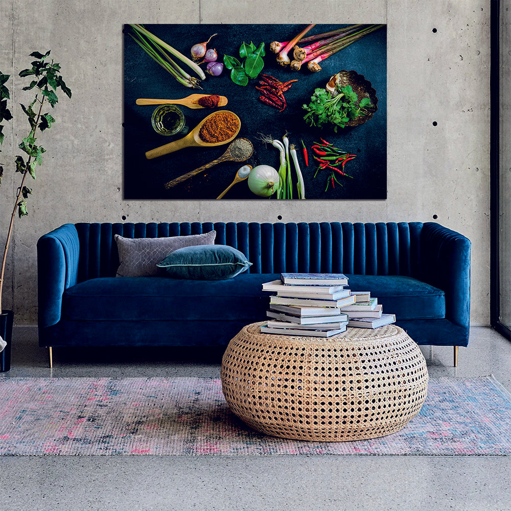 Colorful spices in wooden spoons and bowls dark rustic wooden Canvas